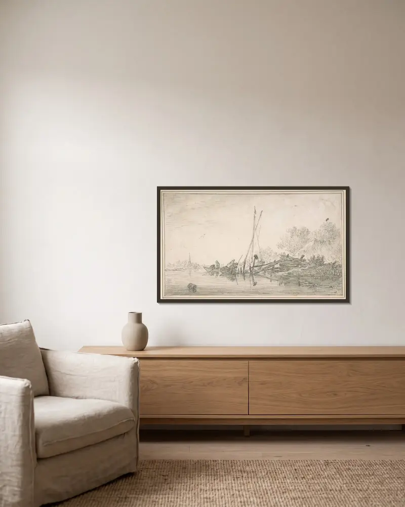 Flodlandskap av Jan van Goyen inramad på en vägg