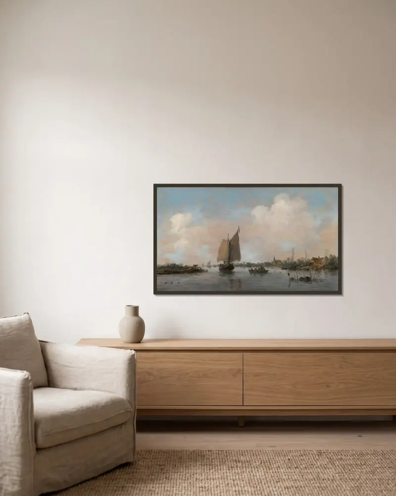 Flodvy av Jan van Goyen inramad på en vägg