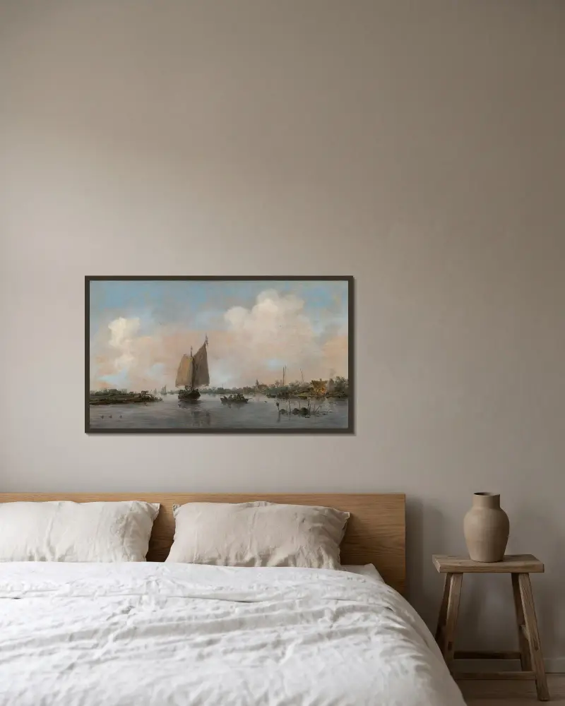 Flodvy av Jan van Goyen inramad på en vägg