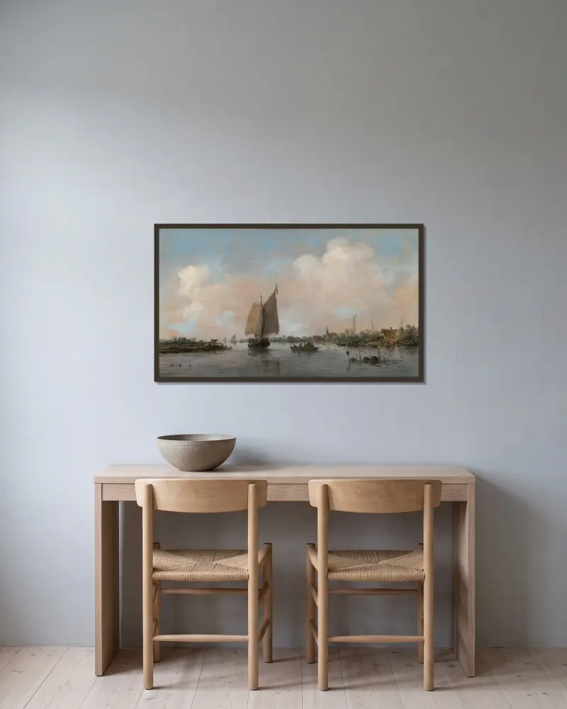 Flodvy av Jan van Goyen inramad på en vägg