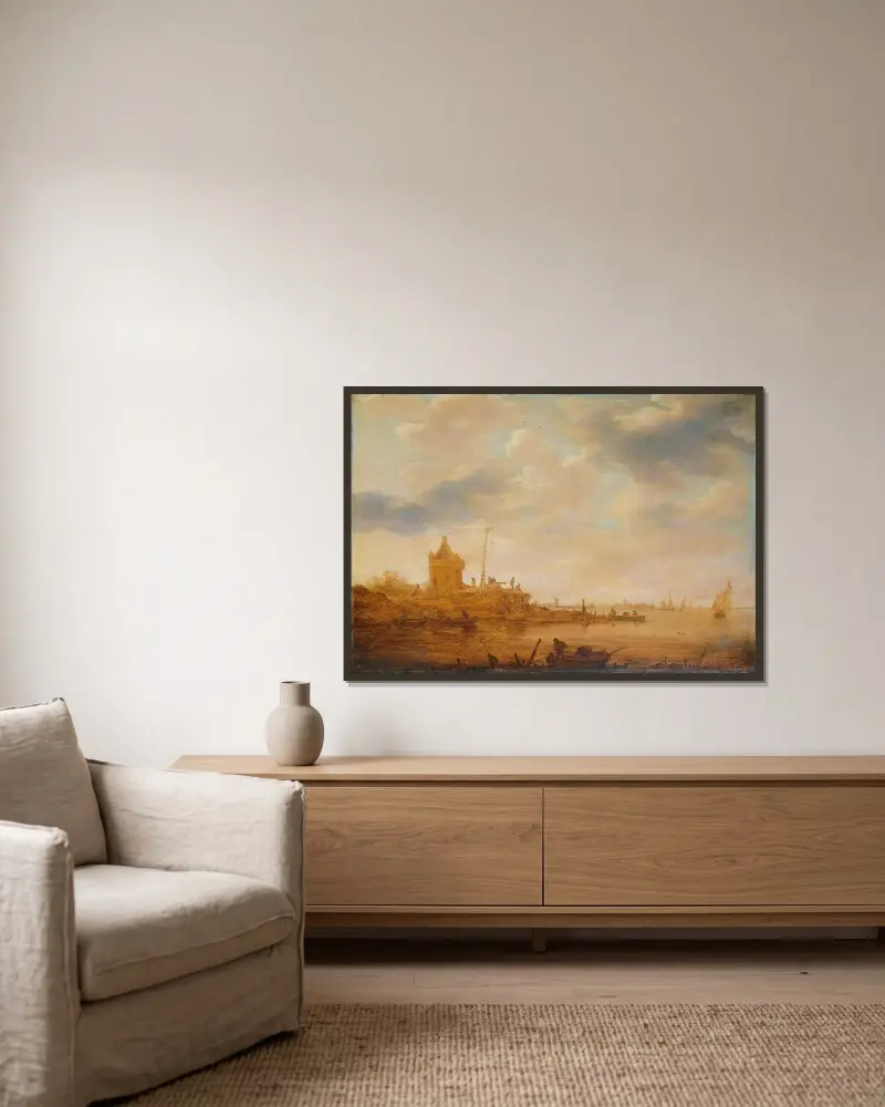 Flodvy med vaktpost av Jan van Goyen inramad på en vägg