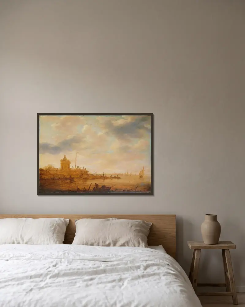 Flodvy med vaktpost av Jan van Goyen inramad på en vägg