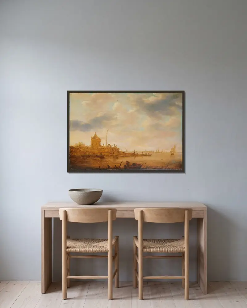 Flodvy med vaktpost av Jan van Goyen inramad på en vägg