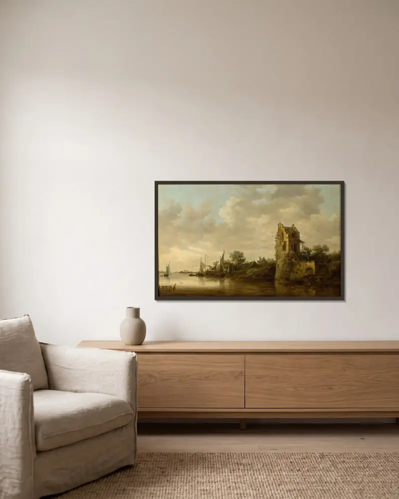 Flodstrand med gammalt torn av Jan van Goyen inramad på en vägg