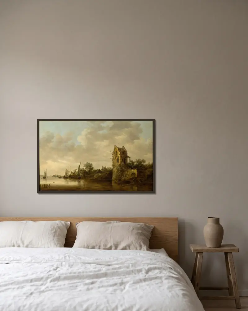 Flodstrand med gammalt torn av Jan van Goyen inramad på en vägg