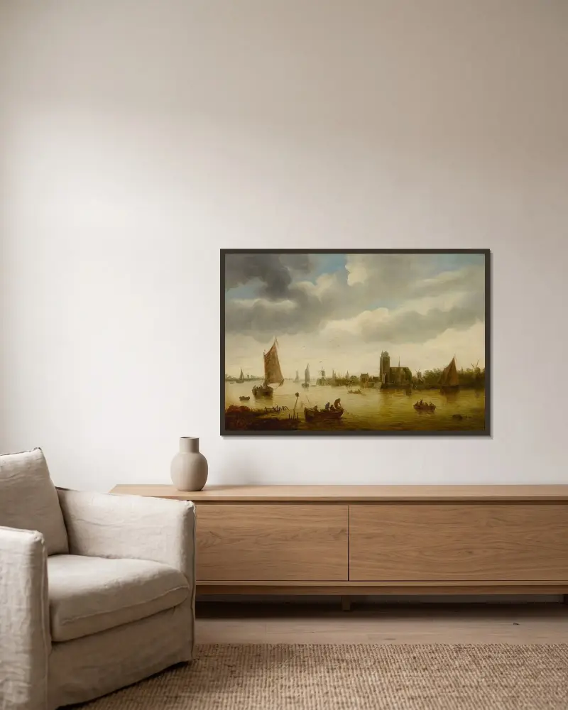Rivieralandskap av Jan van Goyen inramad på en vägg