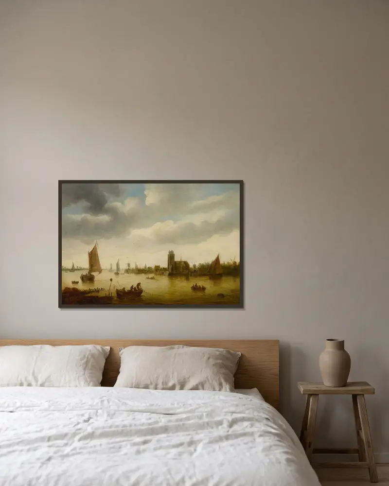 Rivieralandskap av Jan van Goyen inramad på en vägg