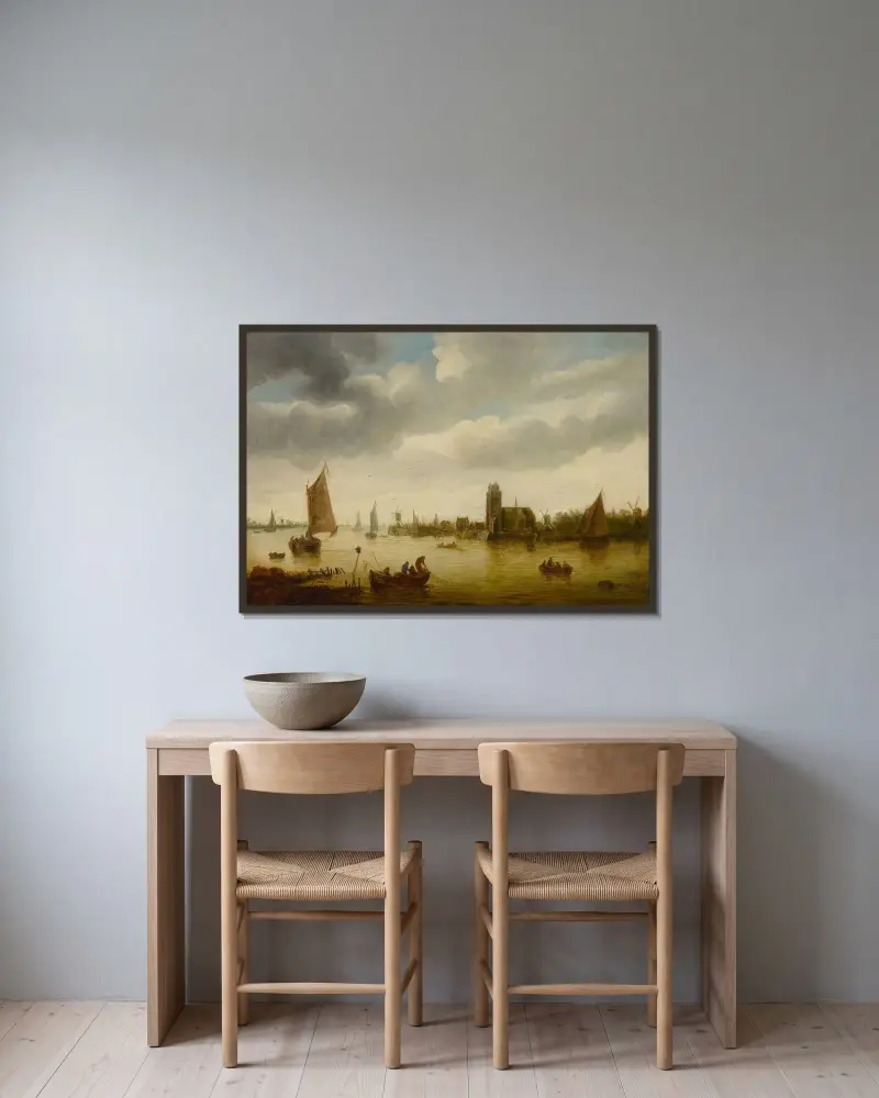 Rivieralandskap av Jan van Goyen inramad på en vägg