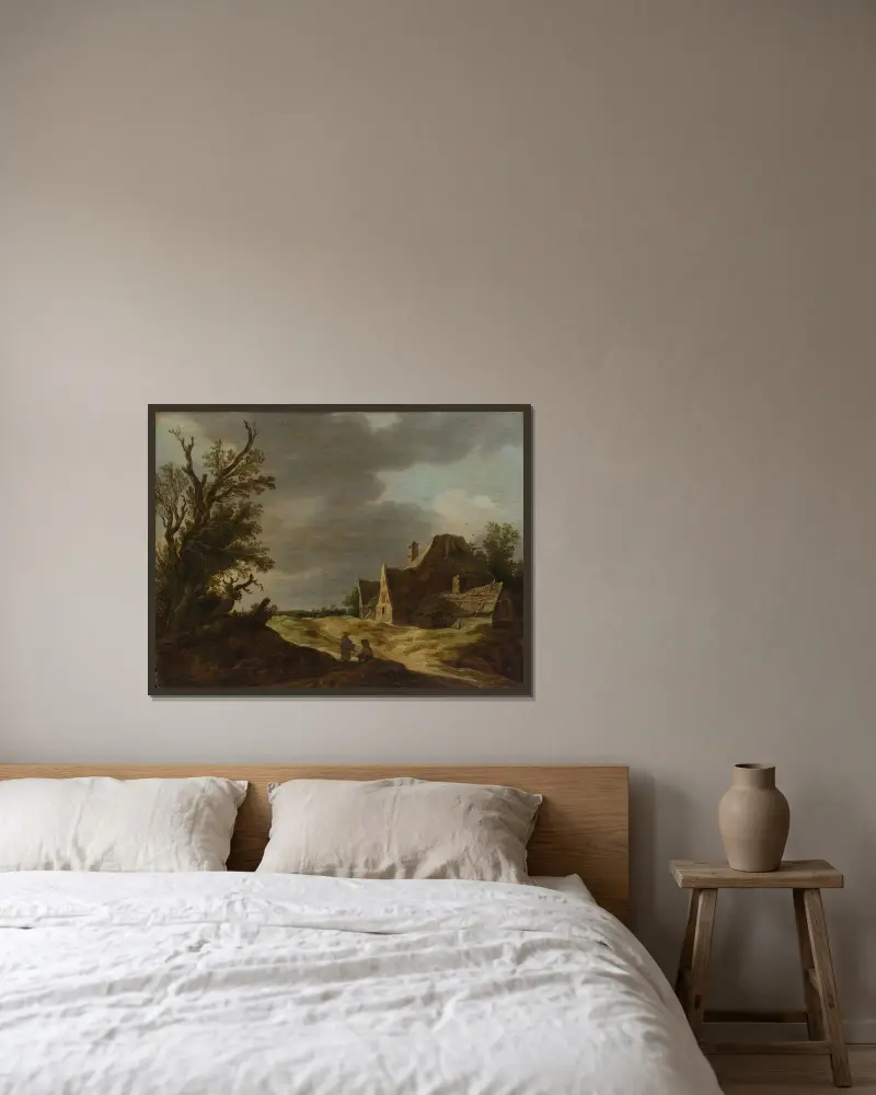 Sandig väg med bondgård av Jan van Goyen inramad på en vägg