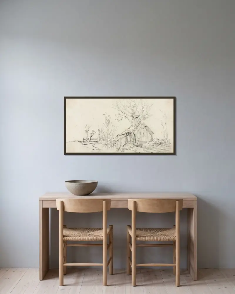 Skiss av landskap med stuga av Jan van Goyen inramad på en vägg