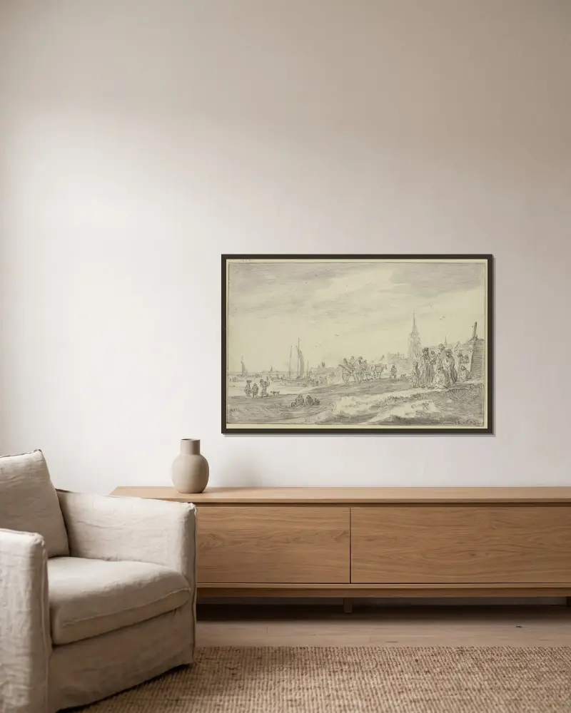 Strand med vagn och många figurer av Jan van Goyen inramad på en vägg