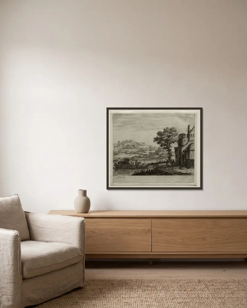 Färjan av Jan van Goyen inramad på en vägg