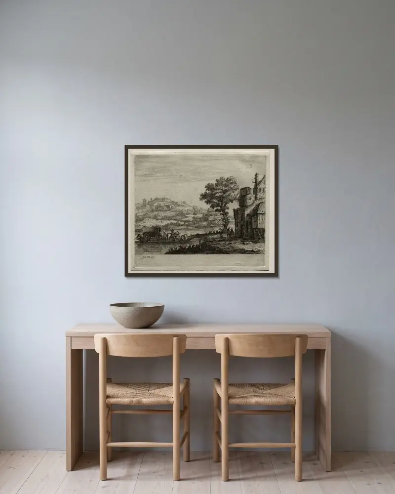 Färjan av Jan van Goyen inramad på en vägg