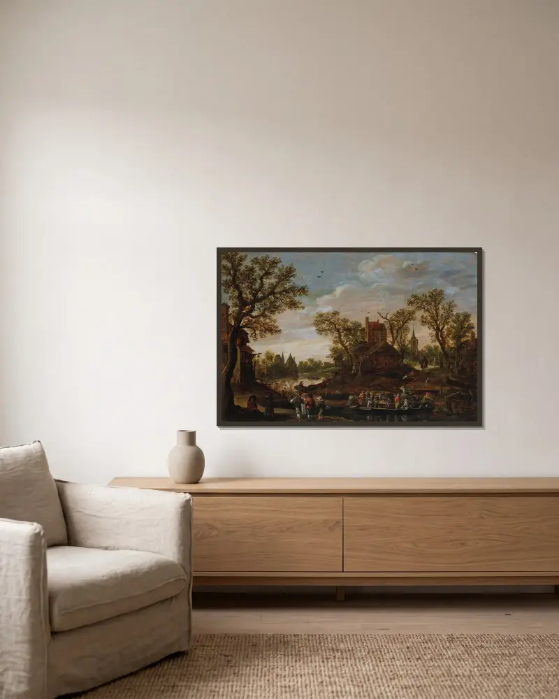 Färjan av Jan van Goyen inramad på en vägg