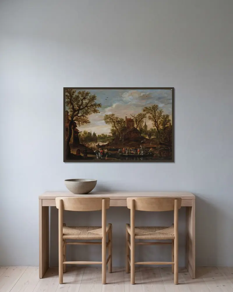 Färjan av Jan van Goyen inramad på en vägg