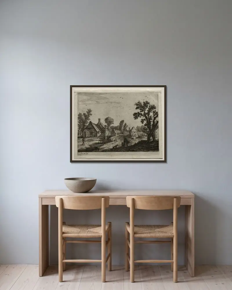 Plankan över bäcken av Jan van Goyen inramad på en vägg