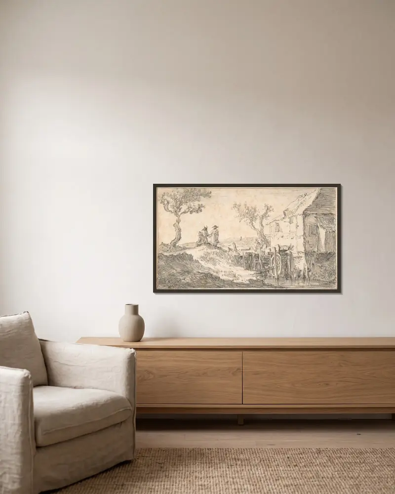 Vattenkvarnen av Jan van Goyen inramad på en vägg
