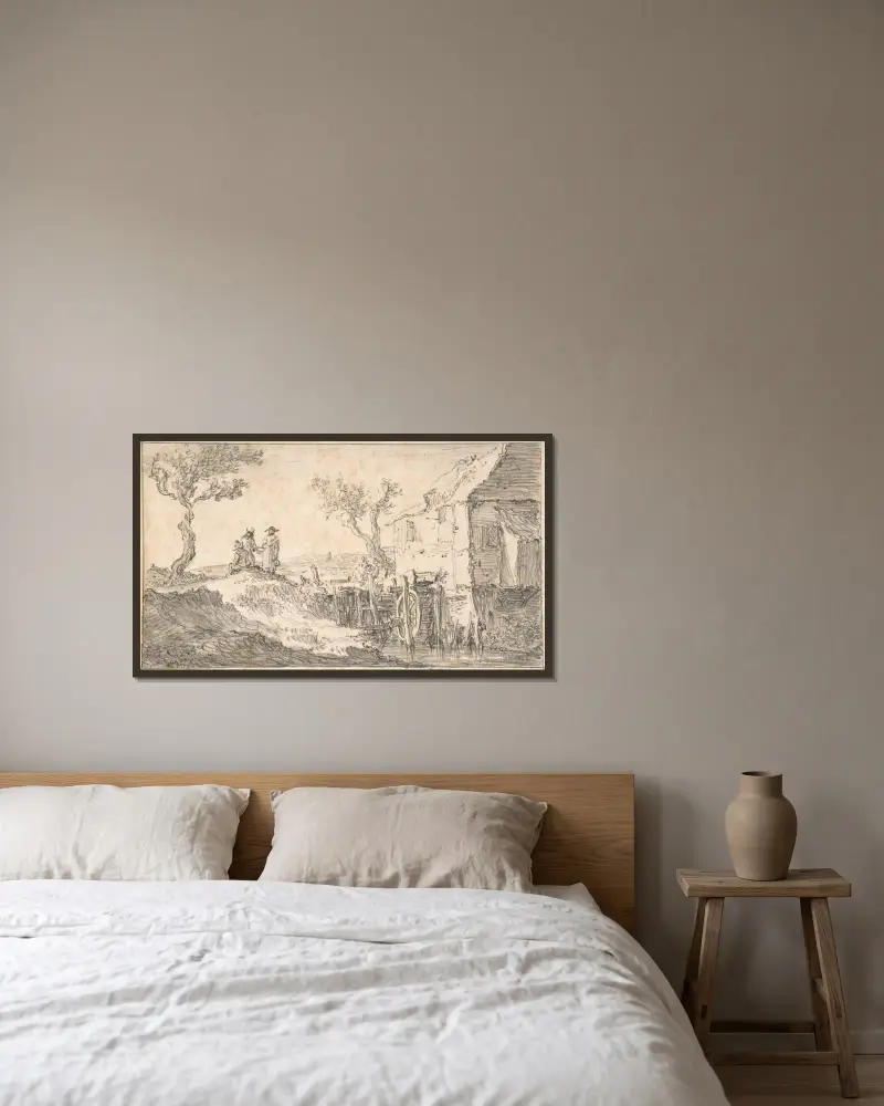 Vattenkvarnen av Jan van Goyen inramad på en vägg