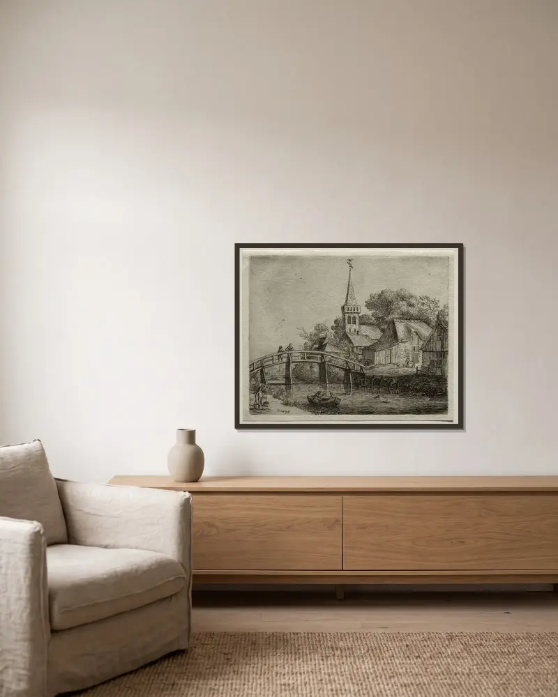 Träbron av Jan van Goyen inramad på en vägg