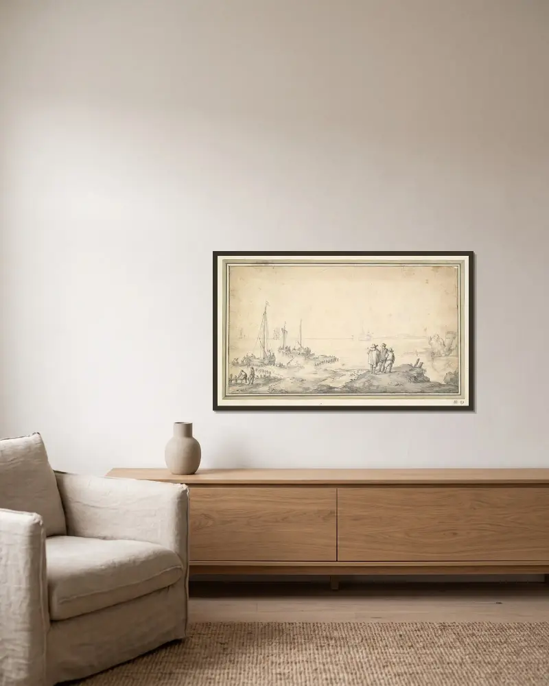Tre figurer på en dyn med utsikt över vik och fartyg av Jan van Goyen inramad på en vägg