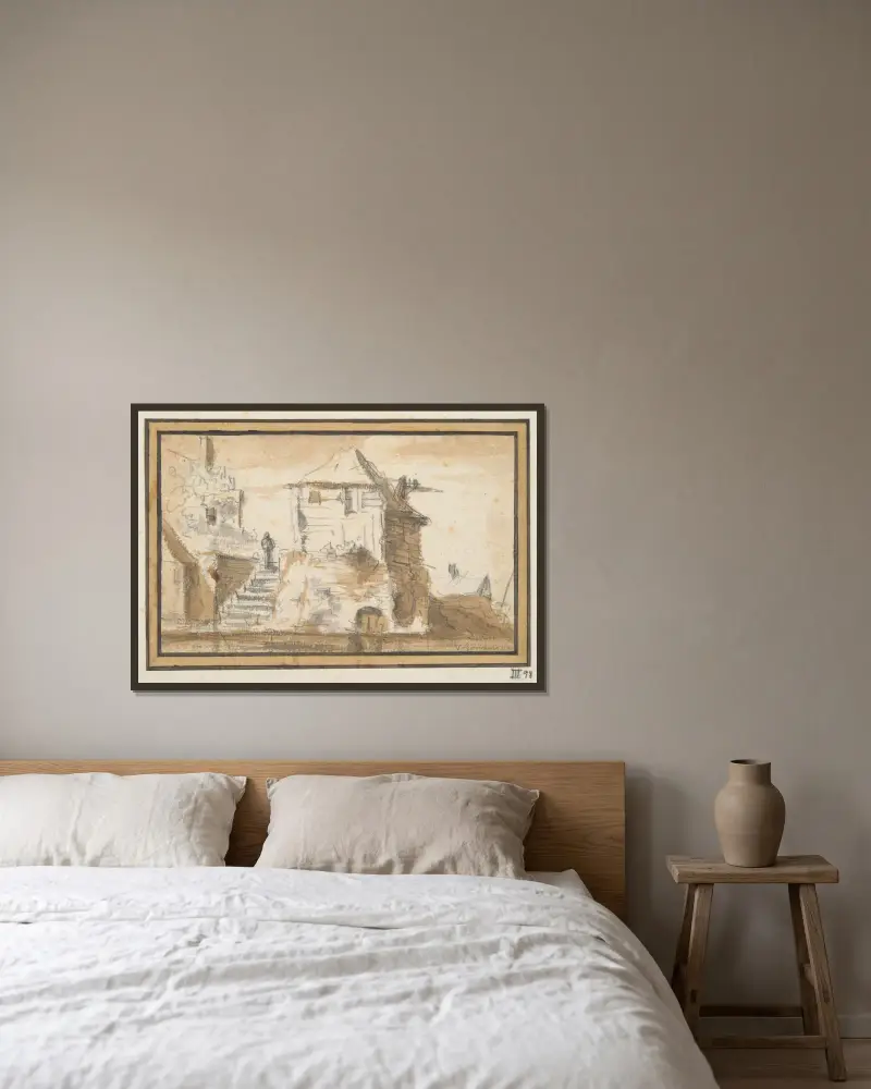 Två byggnader med trappa av Jan van Goyen inramad på en vägg