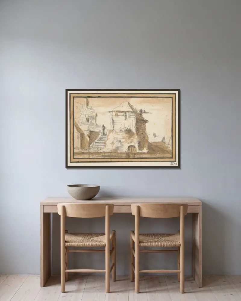 Två byggnader med trappa av Jan van Goyen inramad på en vägg