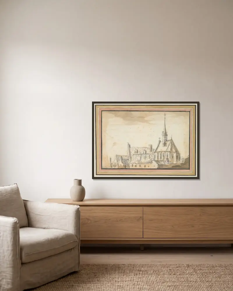 Vy över en kyrka och andra byggnader av Jan van Goyen inramad på en vägg