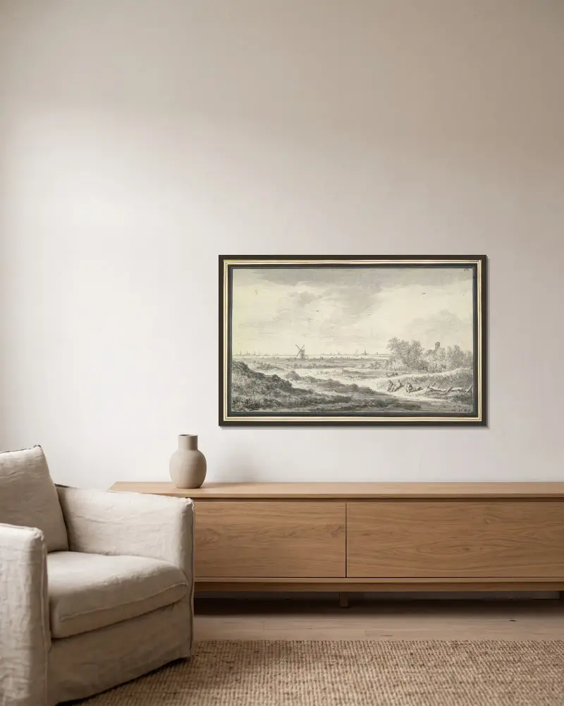 Utsikt över en flod med sanddyner i förgrunden av Jan van Goyen inramad på en vägg