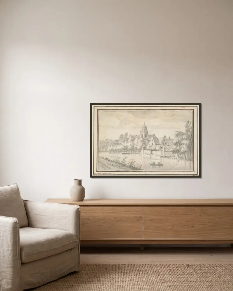 Utsikt över slott och hus vid floden av Jan van Goyen inramad på en vägg
