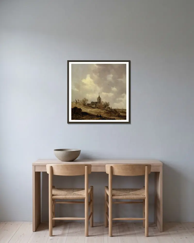 Village Church seen from the Dunes av Jan van Goyen inramad på en vägg