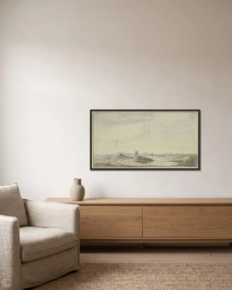 Vandrare i dynlandskap av Jan van Goyen inramad på en vägg