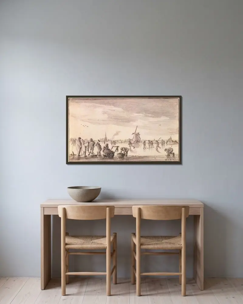 Vinterlandskap med skridskoåkare och fiskare av Jan van Goyen inramad på en vägg