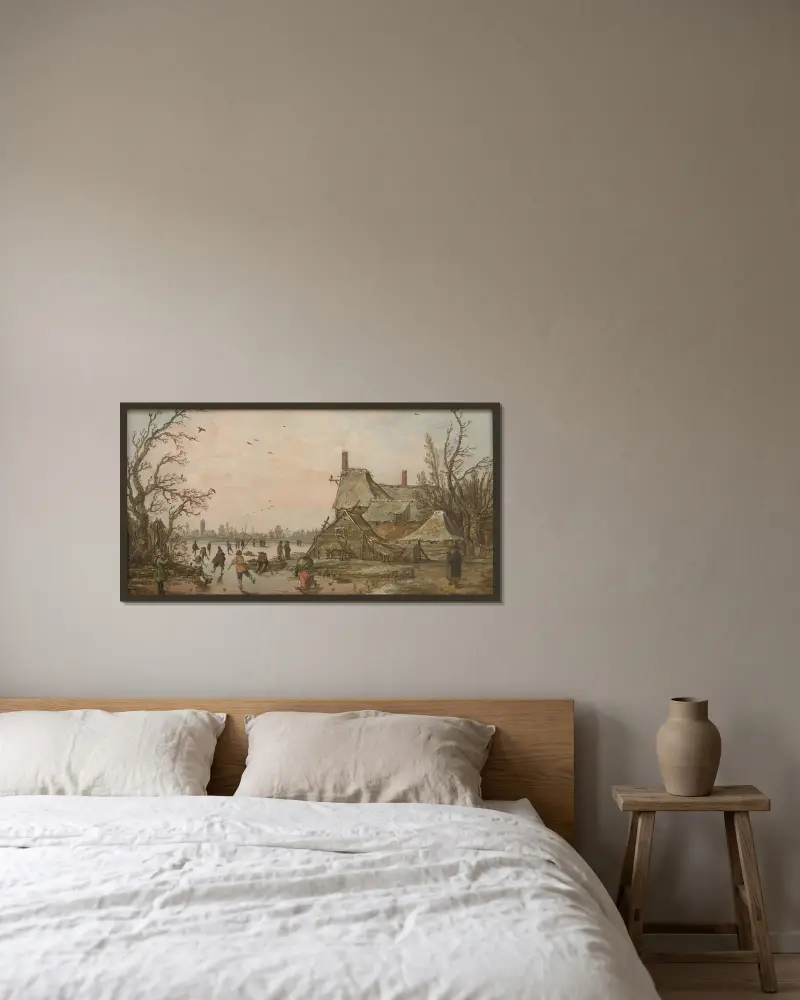 Vinterscen vid en gård av Jan van Goyen inramad på en vägg