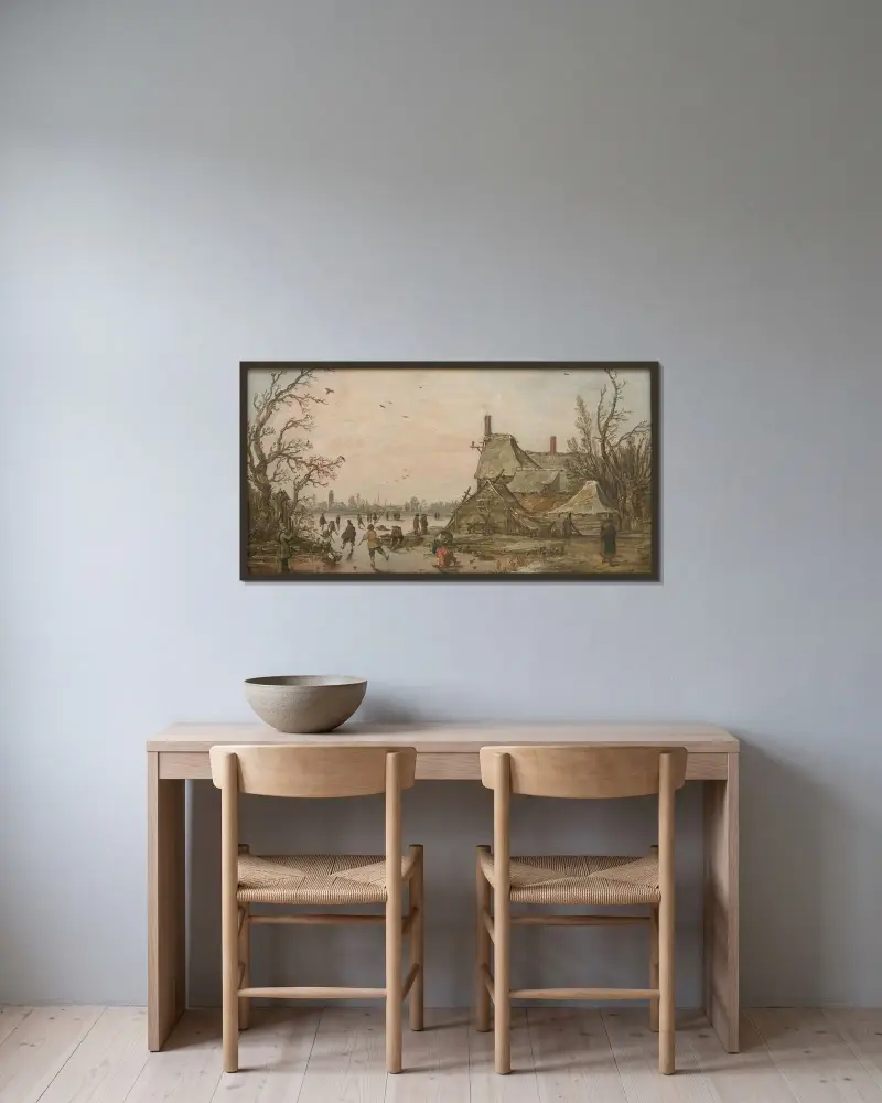 Vinterscen vid en gård av Jan van Goyen inramad på en vägg