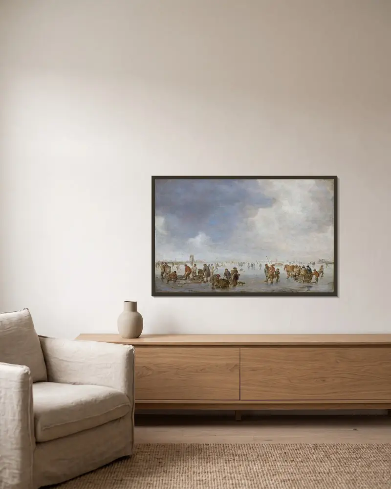Vinterscen på isen av Jan van Goyen inramad på en vägg