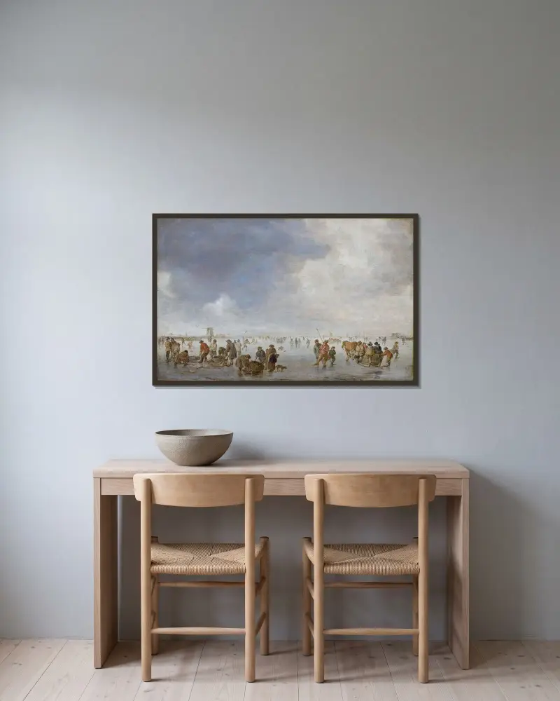 Vinterscen på isen av Jan van Goyen inramad på en vägg