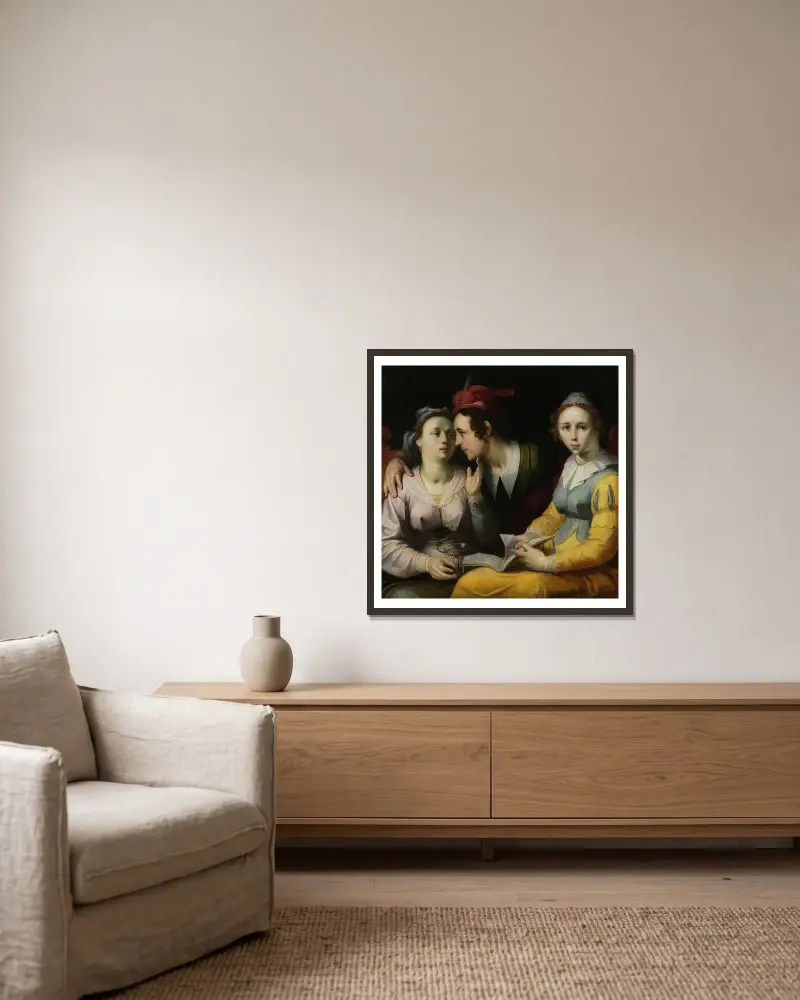 A Courting Couple and Woman with a Songbook av Cornelis Cornelisz Van Haarlem inramad på en vägg