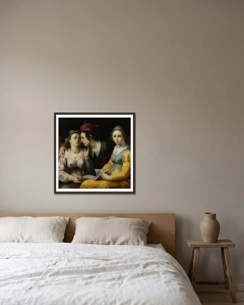 A Courting Couple and Woman with a Songbook av Cornelis Cornelisz Van Haarlem inramad på en vägg