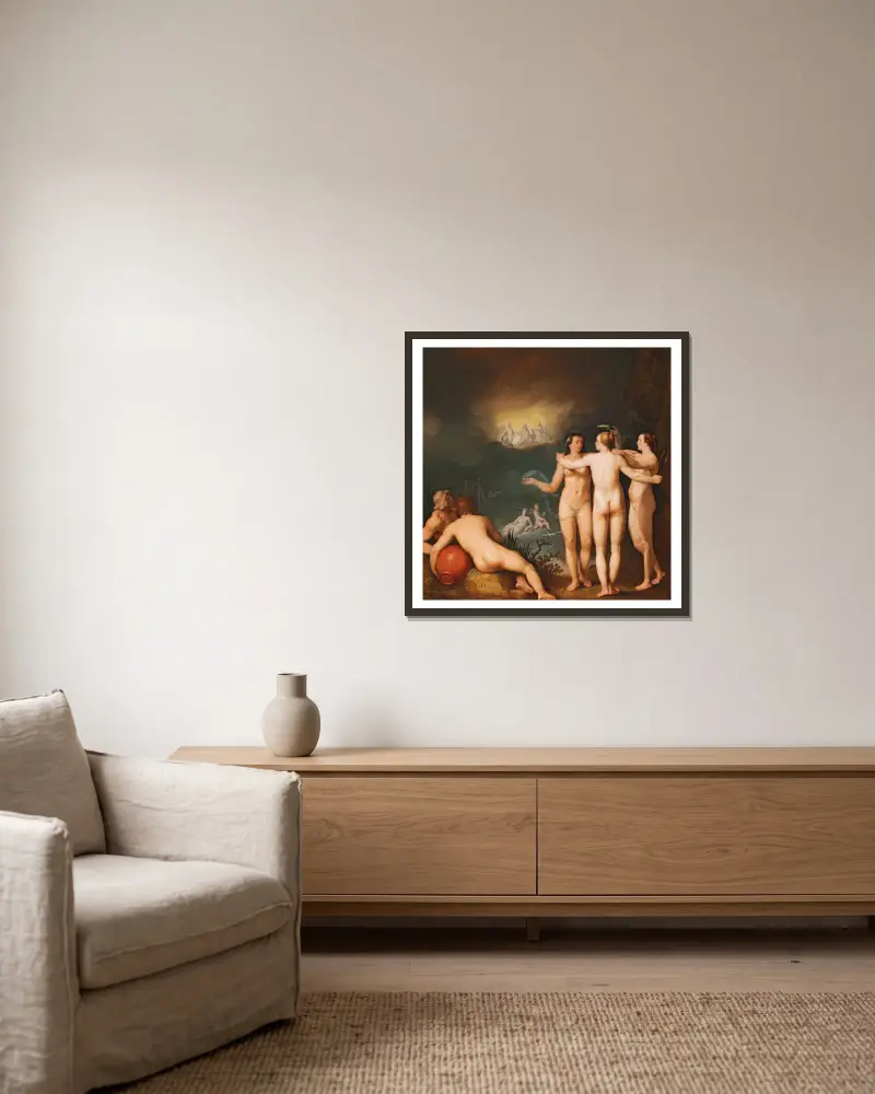 An allegorical scene featuring the Three Graces Aglaia av Cornelis Cornelisz Van Haarlem inramad på en vägg