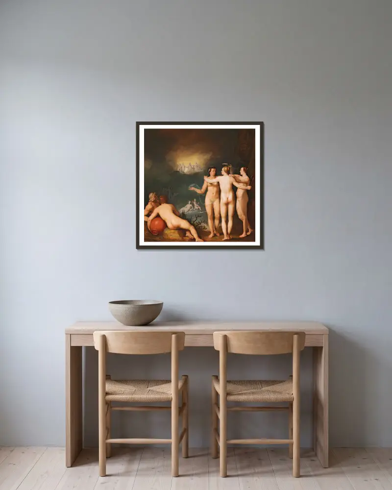An allegorical scene featuring the Three Graces Aglaia av Cornelis Cornelisz Van Haarlem inramad på en vägg