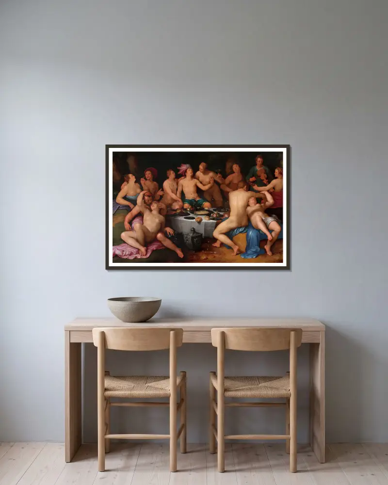 Feast of the prodigal son (Luke 15-11-13) av Cornelis Cornelisz Van Haarlem inramad på en vägg