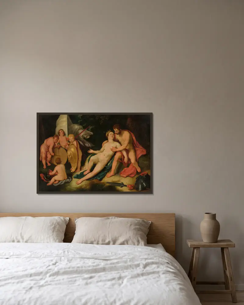 Mars und Venus von Cornelis Cornelisz Van Haarlem gerahmt an einer Wand