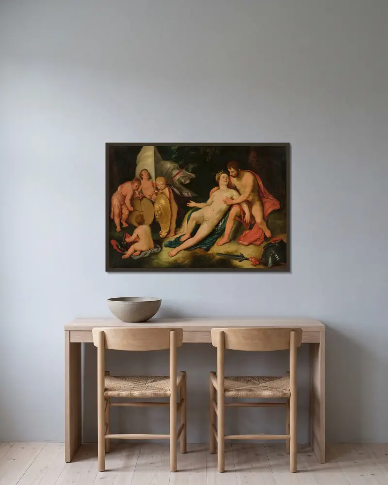 Mars und Venus von Cornelis Cornelisz Van Haarlem gerahmt an einer Wand