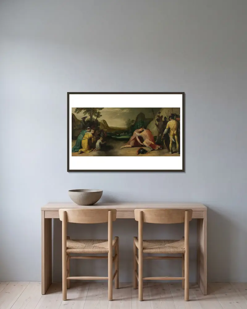 Jakob och Esaus möte av Cornelis Cornelisz Van Haarlem inramad på en vägg