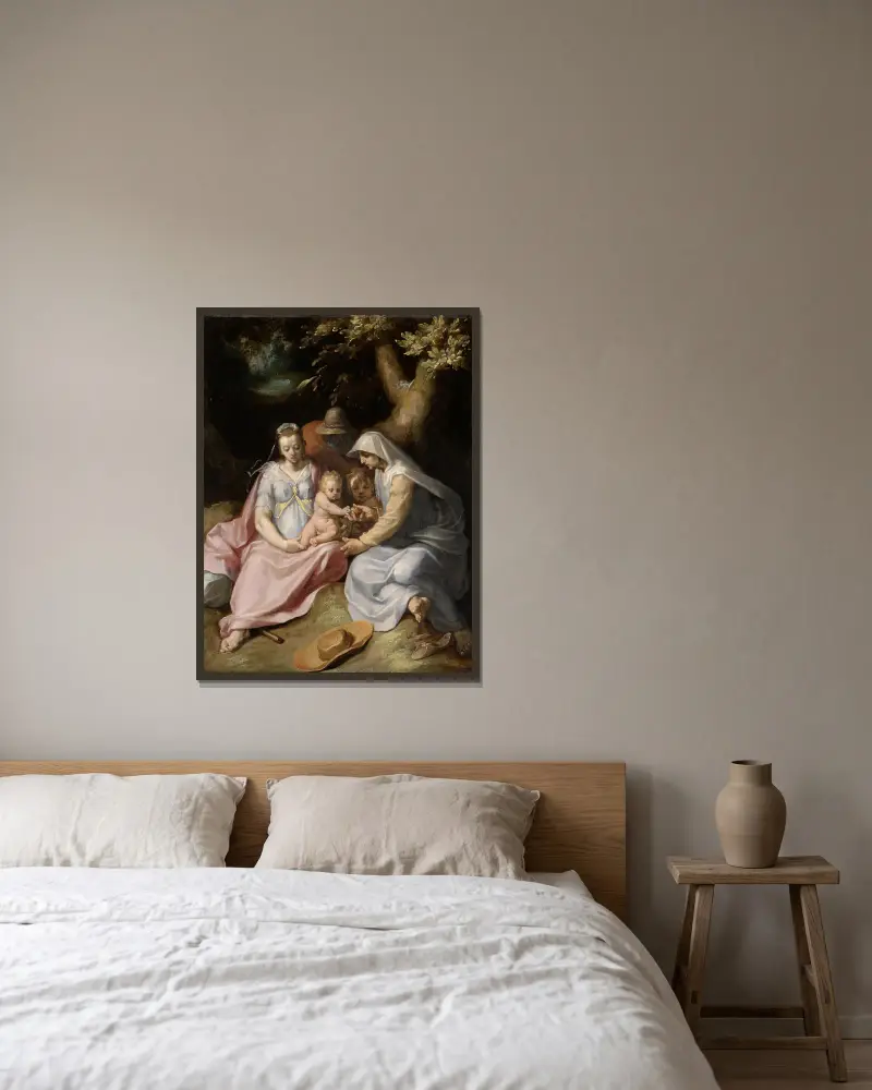 Kristi dop; Den heliga familjen med den heliga Elisabet och Johannesbarnet i skogen av Cornelis Cornelisz Van Haarlem inramad på en vägg