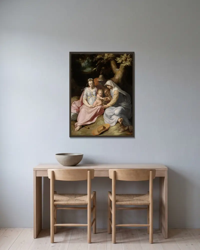 Kristi dop; Den heliga familjen med den heliga Elisabet och Johannesbarnet i skogen av Cornelis Cornelisz Van Haarlem inramad på en vägg