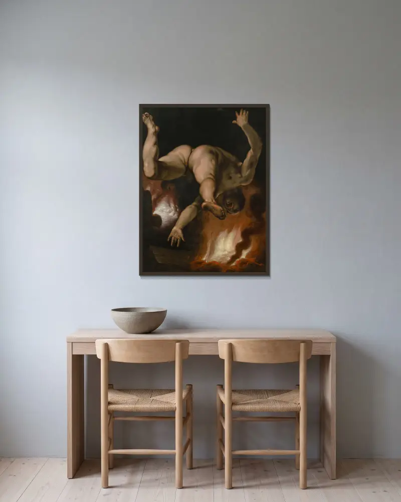 Der Fall des Ixion von Cornelis Cornelisz Van Haarlem gerahmt an einer Wand
