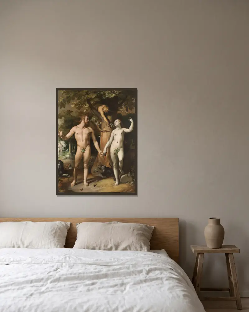 Der Sündenfall von Cornelis Cornelisz Van Haarlem gerahmt an einer Wand