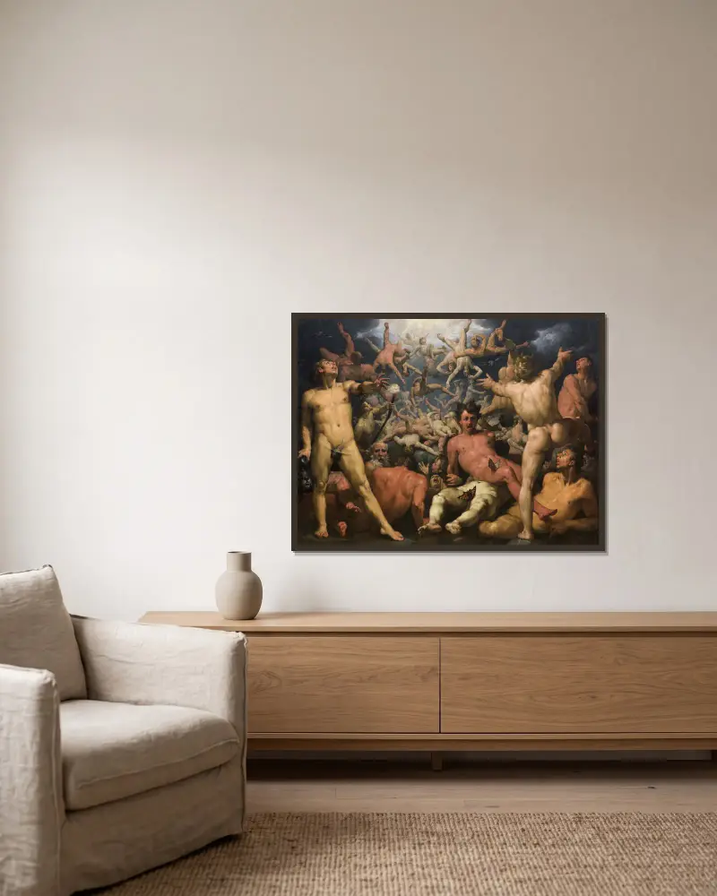 The Fall of the Titans av Cornelis Cornelisz Van Haarlem inramad på en vägg