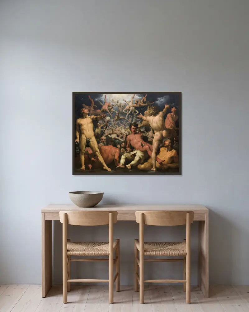 The Fall of the Titans av Cornelis Cornelisz Van Haarlem inramad på en vägg
